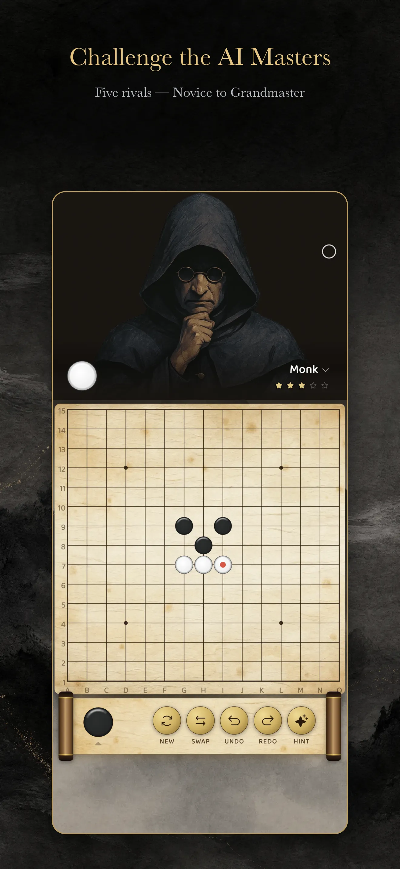 Gomoku AI gameplay against the Monk rival on a 15×15 paper-grain board