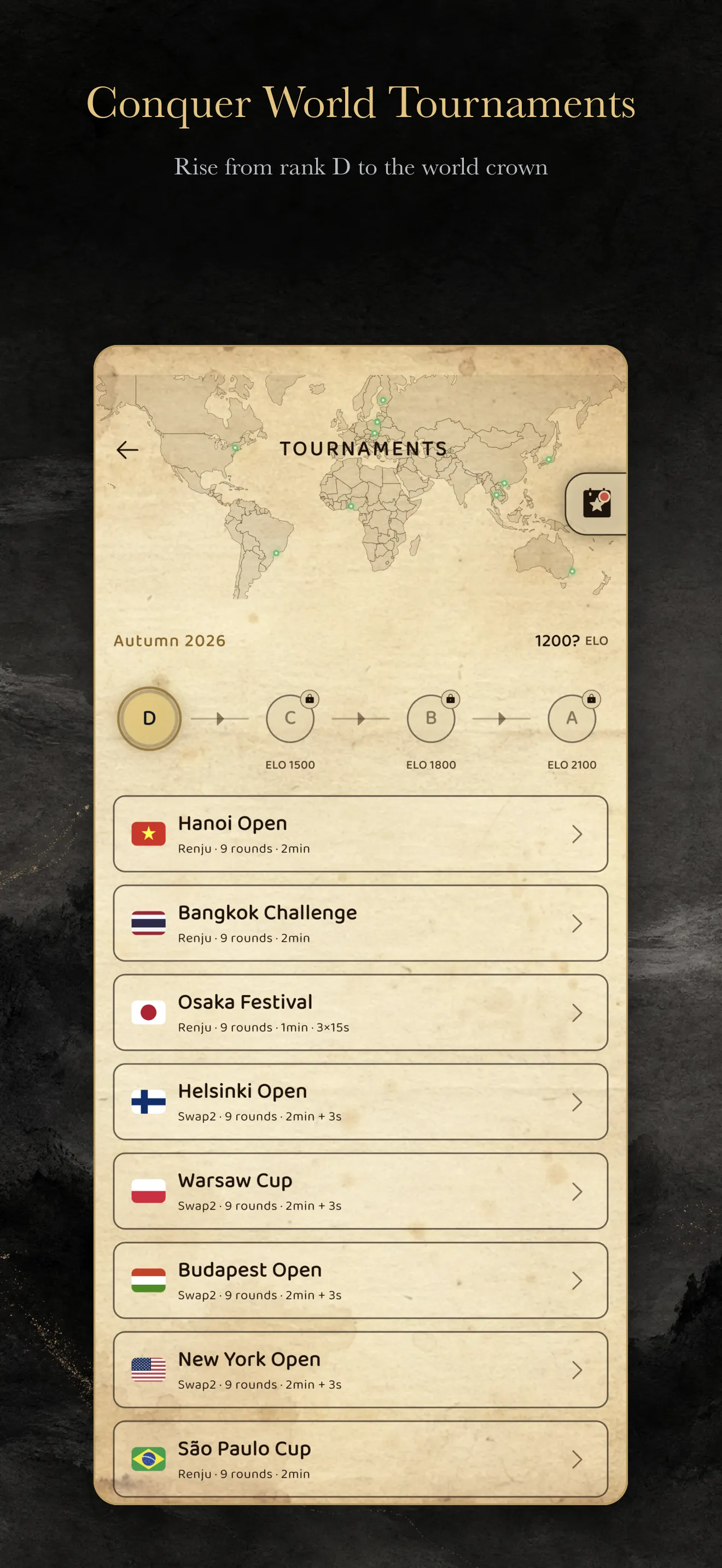World tournament map with events from Hanoi to São Paulo
