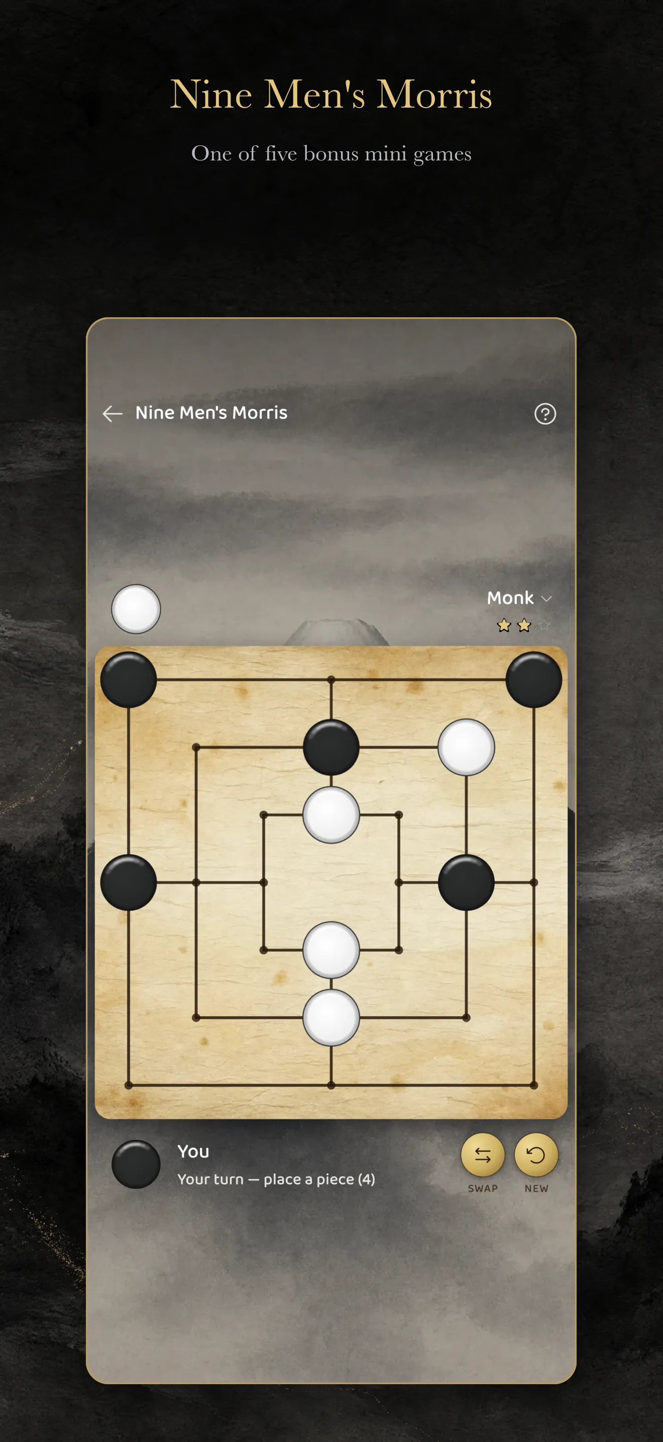 Nine Men’s Morris game mode with gold and ivory pieces