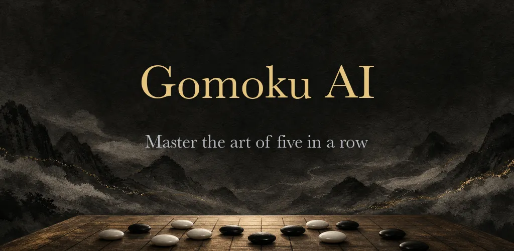 Gomoku AI - ink-wash mountains behind a wooden board with black and white stones